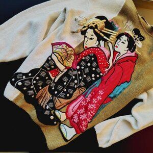 Vintage Bonnie Boerer & Co Oiran and Geisha Applique Sparkly Knit 80s Jumper